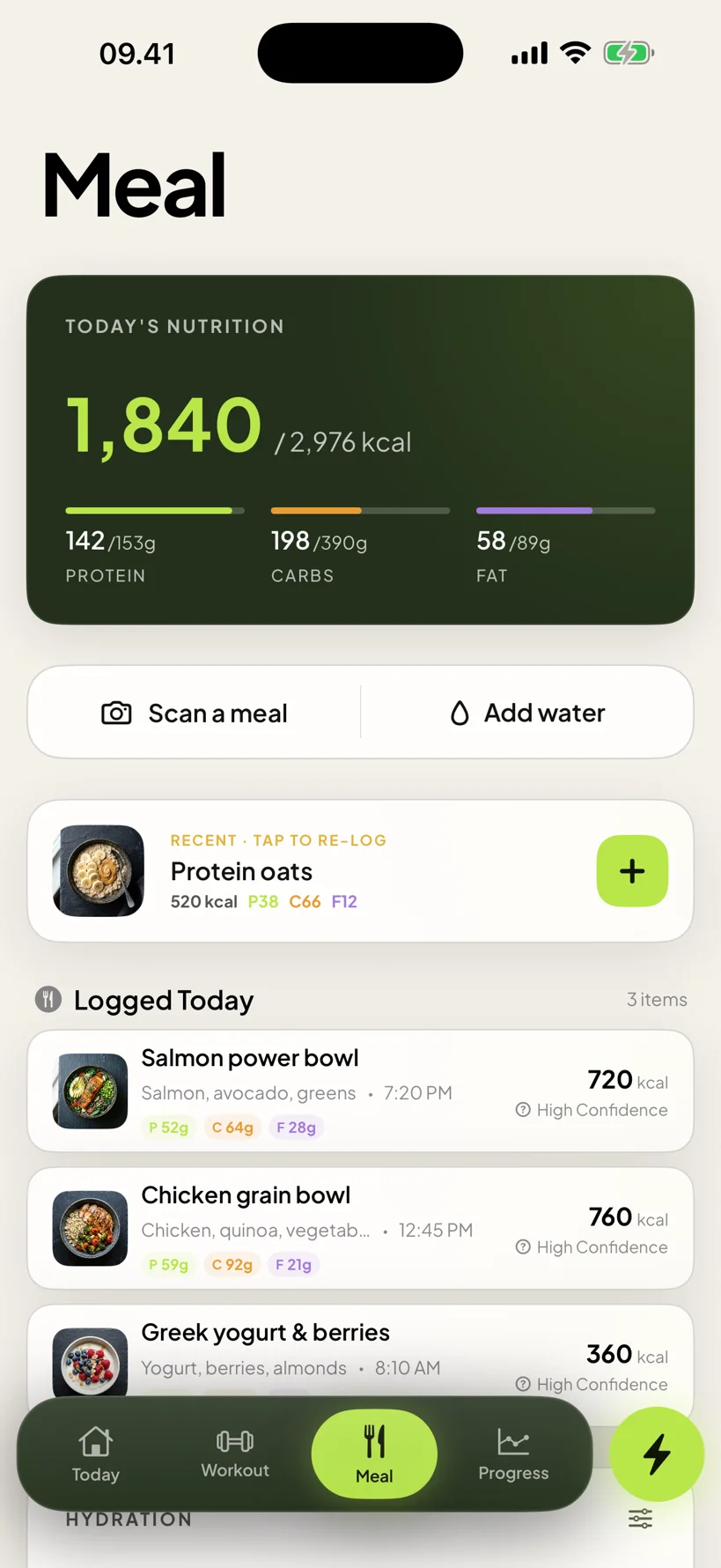 Meal: today's nutrition and the food logged so far.