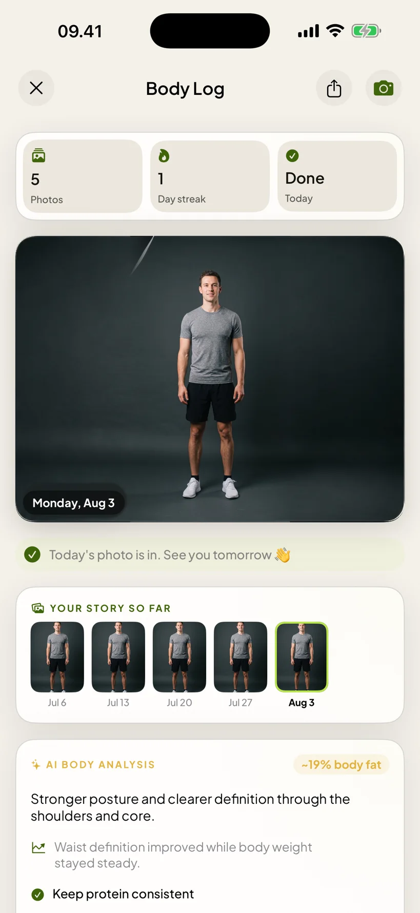 Body Log: the photo history and an AI read of what changed.